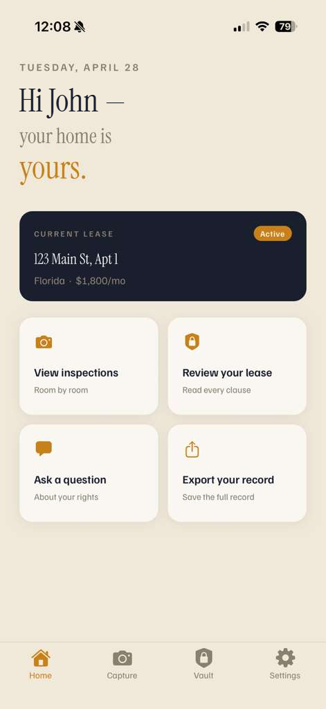 The RentersProof app home screen showing a renter's current lease and quick actions
